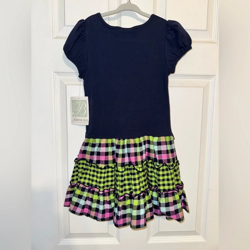 Bonnie Jean Navy Top with Green and Pink Plaid Tiered Skirt and Polka Dot Bows